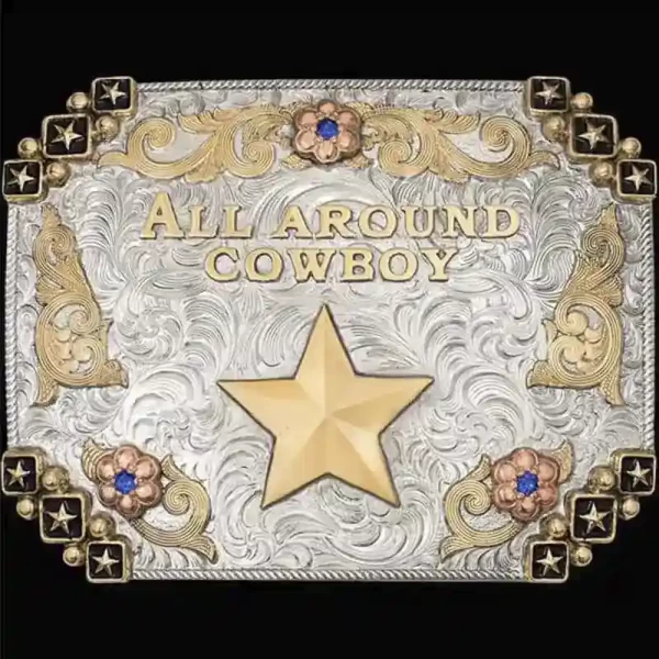 A custom rodeo belt buckle trophy for Rodeo Days Bull Riding Grand Champion featuring a bull rider figure 