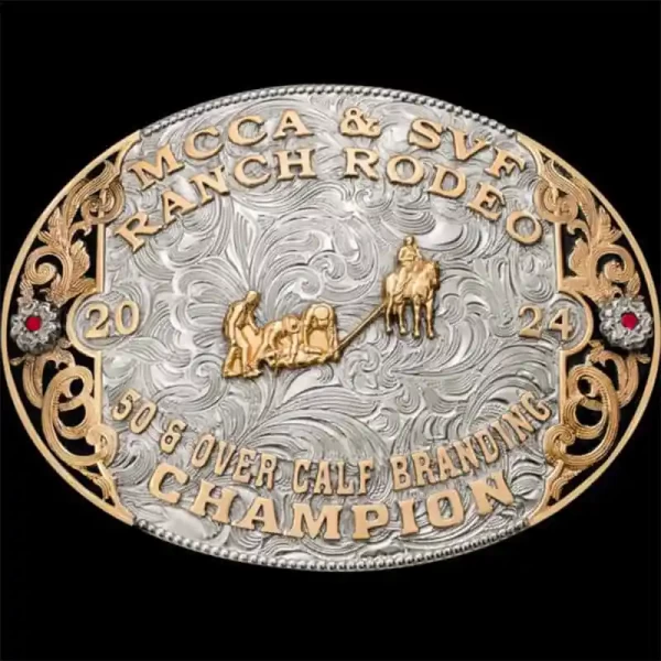 A custom oval calf branding belt buckle trophy for MCCA and SVF Ranch Rodeo Champion featuring a calf branding figure