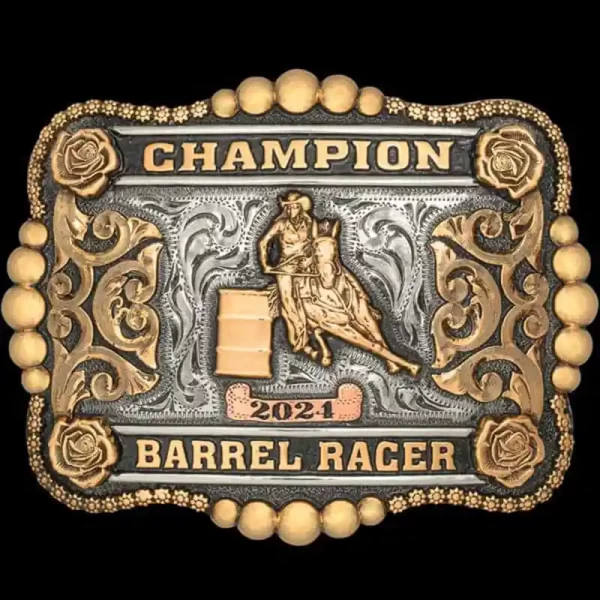 A custom barrel racing belt buckle trophy for Barrel Racing Champion featuring a barrel racer cowgirl figure and golden roses
