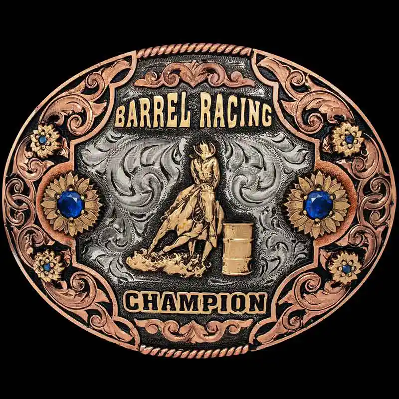 An oval women's barrel racing belt buckle trophy featuring a barrel racer cowgirl figure 