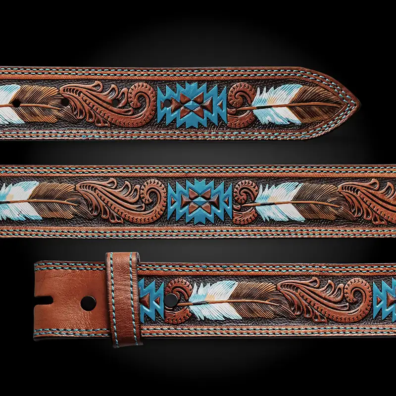 Blue Juniper custom western leather belt handcrafted with premium silver accents by Molly's Custom Silver.