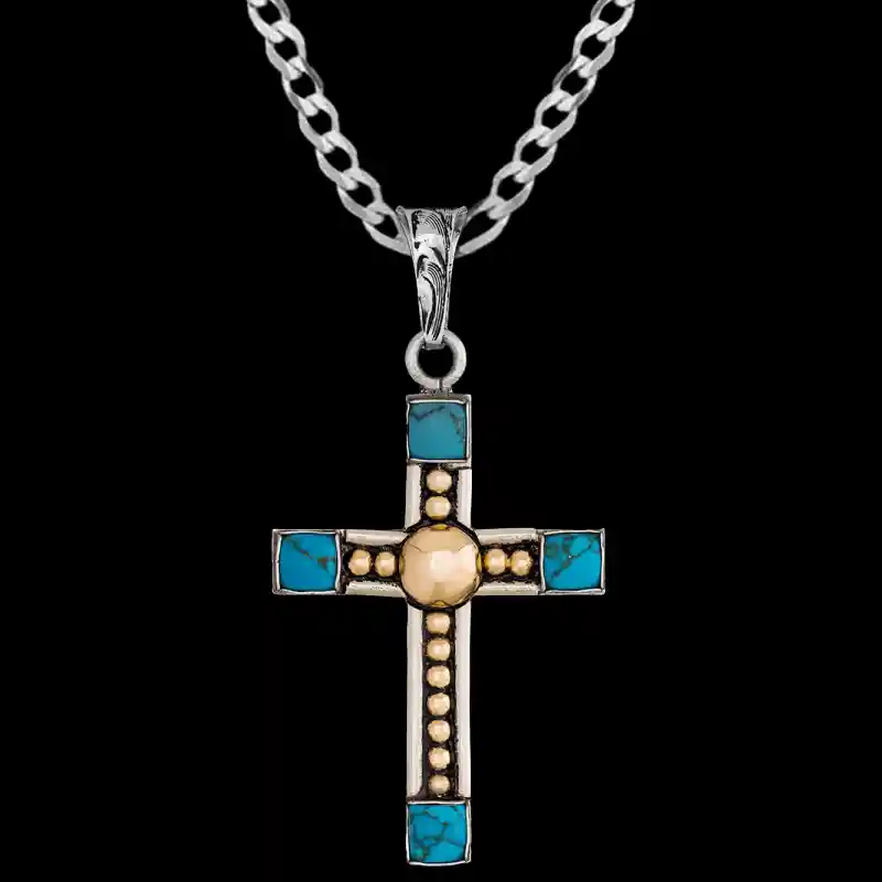 A custom silver cross pendant necklace for men and women, western-inspired design. featuring golden beads and turquoise stones