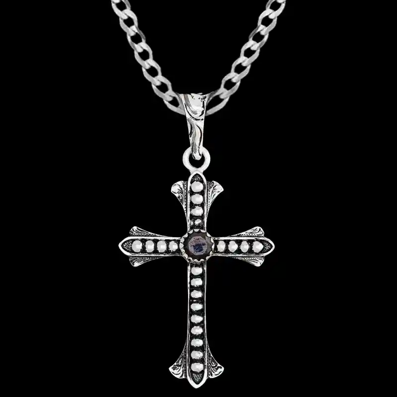 A custom silver cross pendant necklace for men and women, western-inspired design. featuring silver beads and zirconia stone