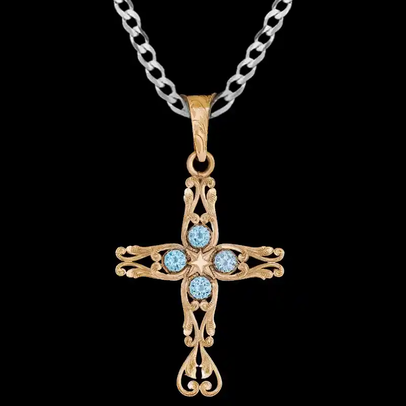 A custom bronze cross pendant necklace for men and women, western-inspired design. featuring bronze filgrane and zirconia stones