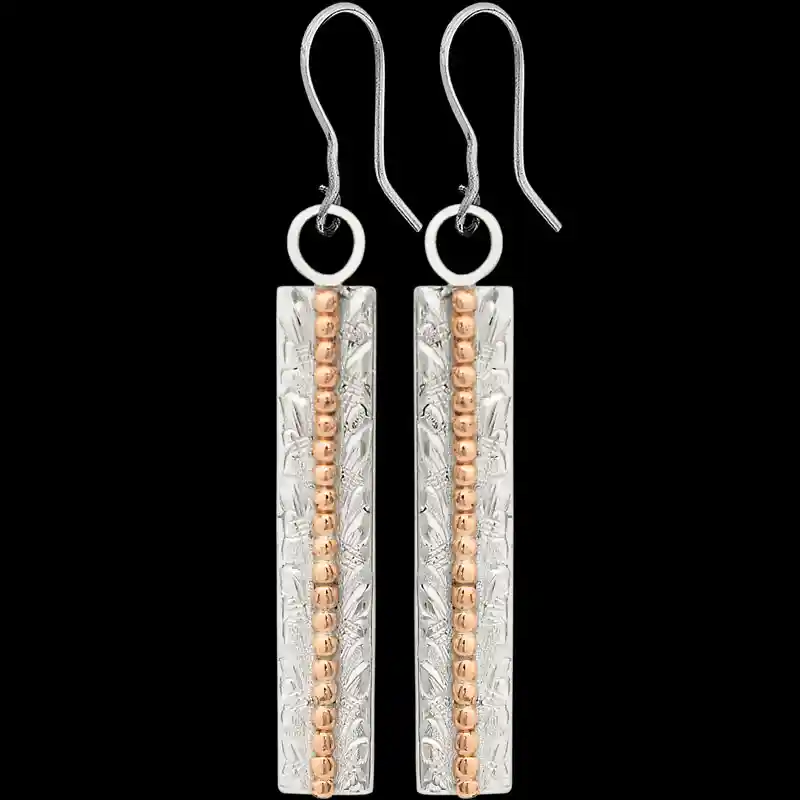 A pair of silver plated western earrings for women, rectangular shaped, featuring bronze golden beads