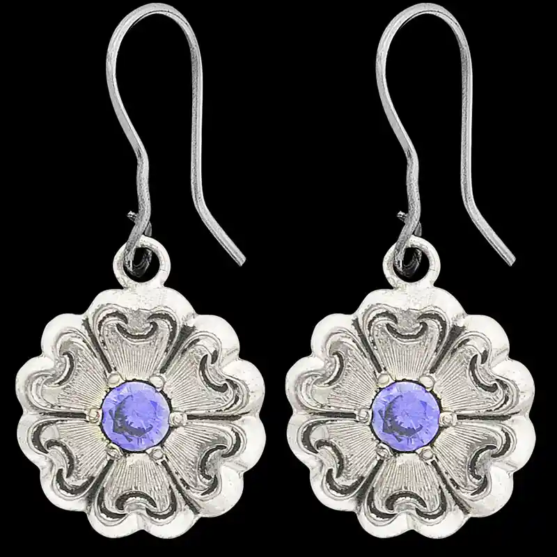 A pair of silver western earrings for women, flower shaped, with purple zirconia stones 