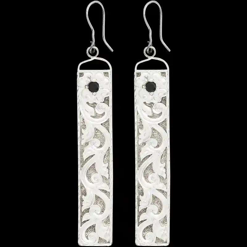 A pair of silver western earrings for women, rectangular shaped, with silver plated scrolls and flowers 