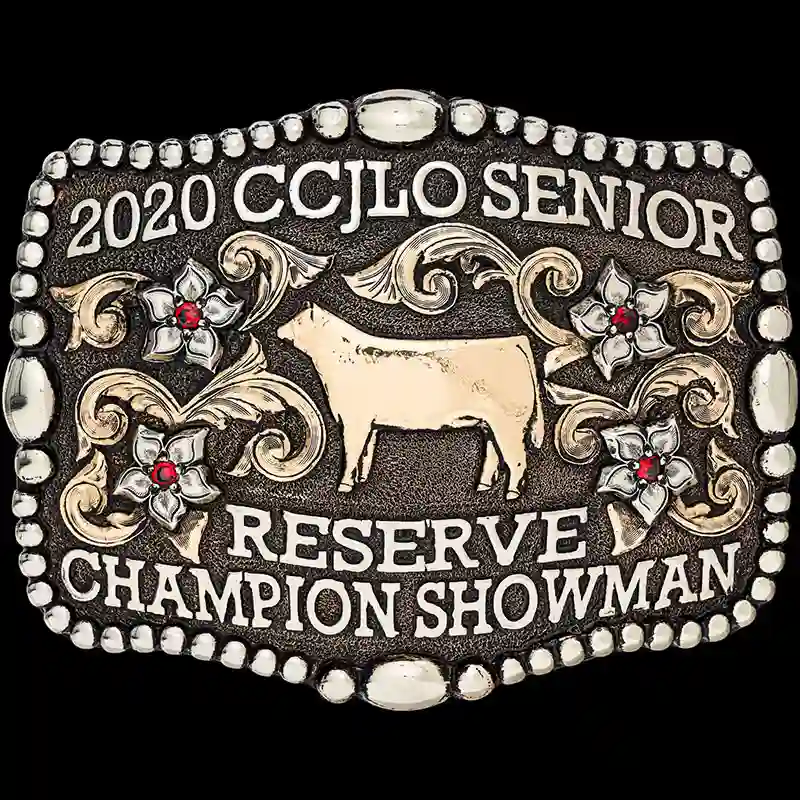 A custom showman belt buckle trophy for CCJLO Senior Reserve Champion featuring a cow figure 