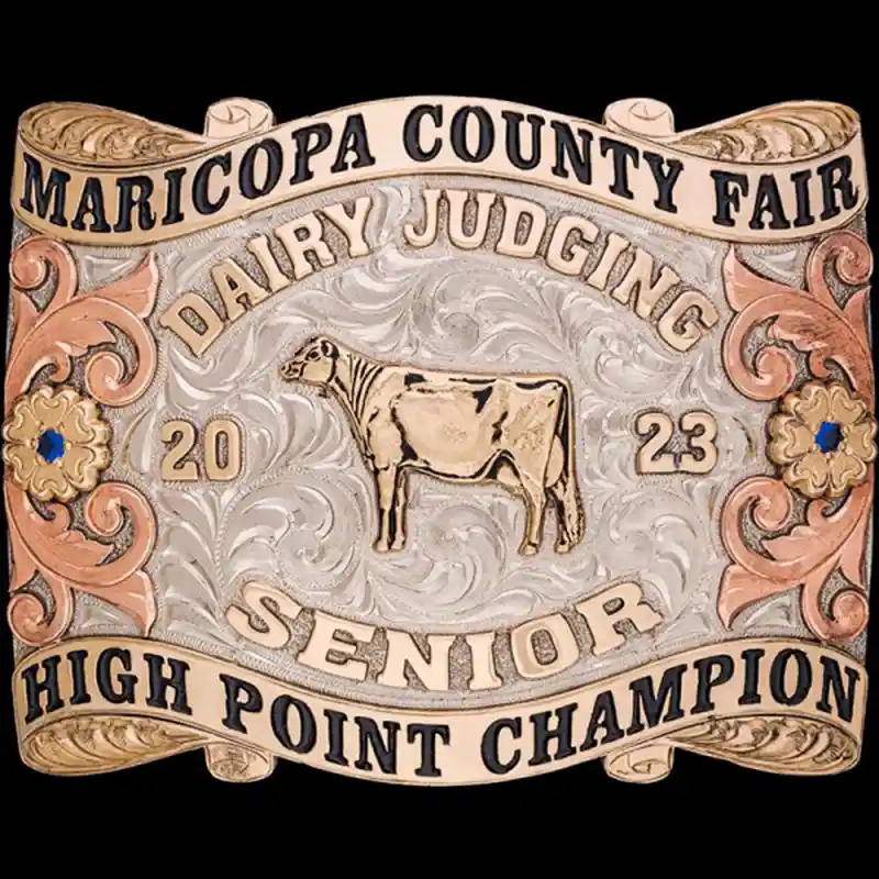 A custom livestock belt buckle trophy for Maricopa County Fair High Point Champion featuring a cow figure