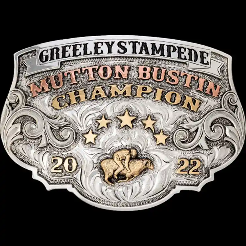 A unique shape custom belt buckle trophy for Greeley's Stampede Champion featuring a mutton busting figure 