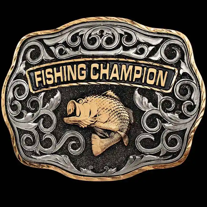 A custom men's belt buckle trophy for Fishing Champion featuring a bass figure