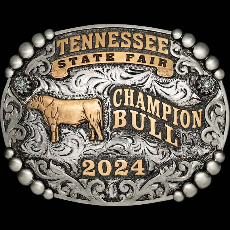 A custom trophy belt buckle for Tennessee State Fair Champion featuring a bull figure 