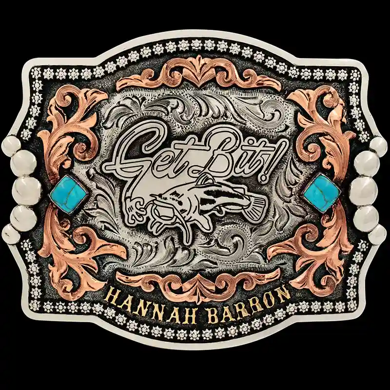 A custom Hannah Barron belt buckle featuring a fishing custom logo