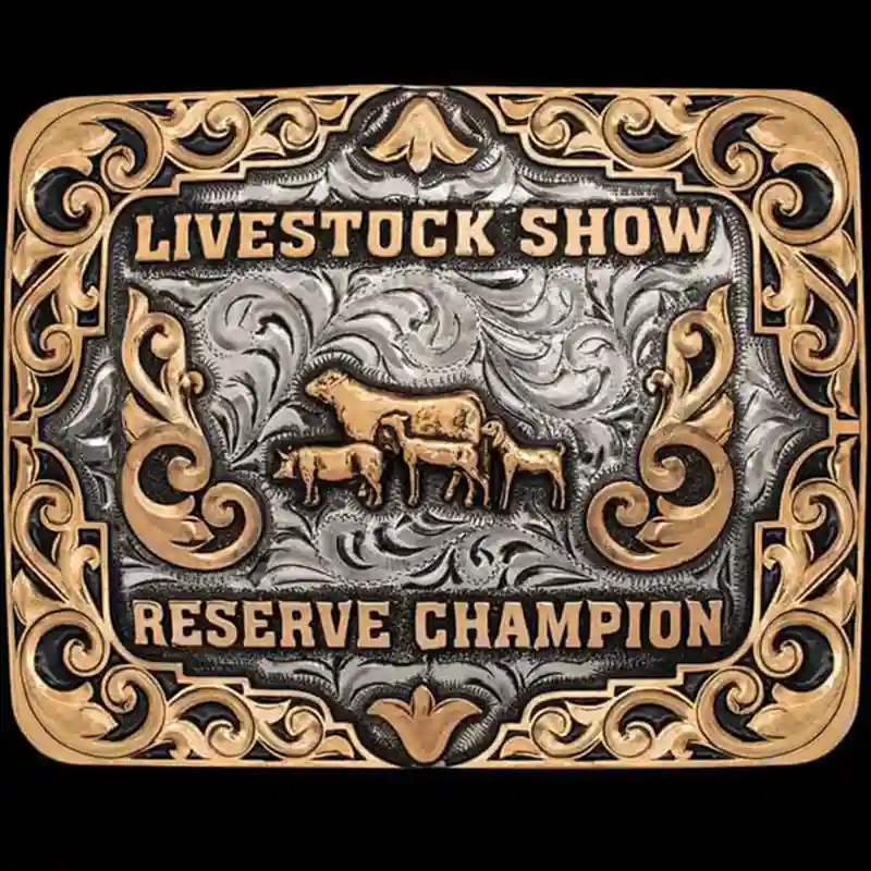 A custom square trophy belt buckle for men for Livestock Show Reserve Champion featuring a cow, goat, pig and lamb figures 