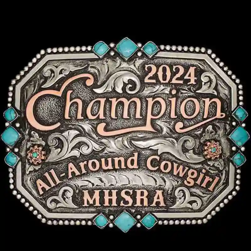  A custom square silver and turquoise belt buckle for women featuring MHSRA All Around Cowgirl Champion copper lettering