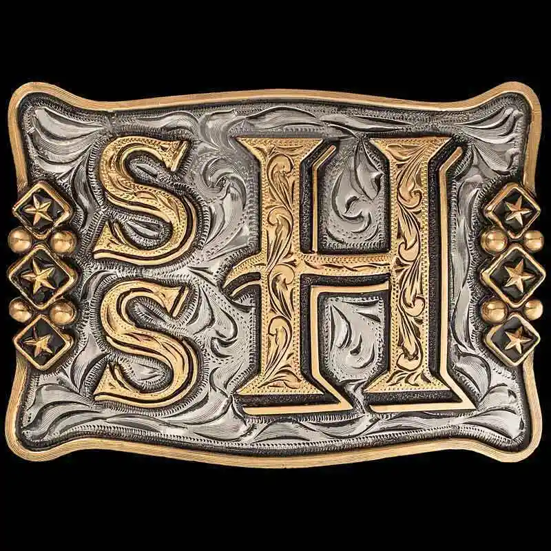 A custom initials belt buckle featuring two letters S and a big H