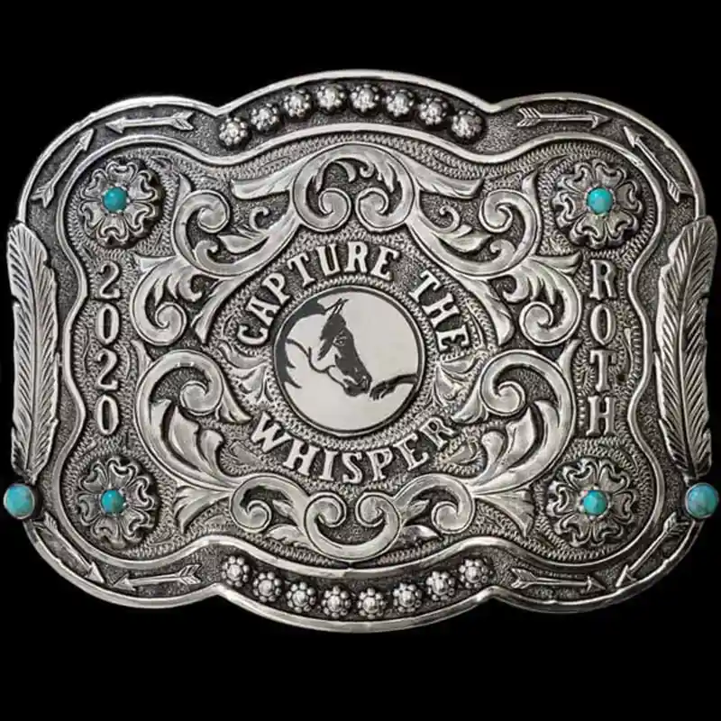 A custom silver women's western belt buckle featuring a horse figure
