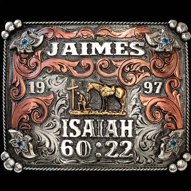 A custom square western belt buckle for men featuring a praying cowboy figure, personalized name and bible verse