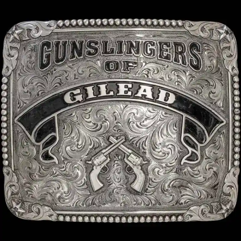 A custom square silver western belt buckle featuring crossed pistols figure