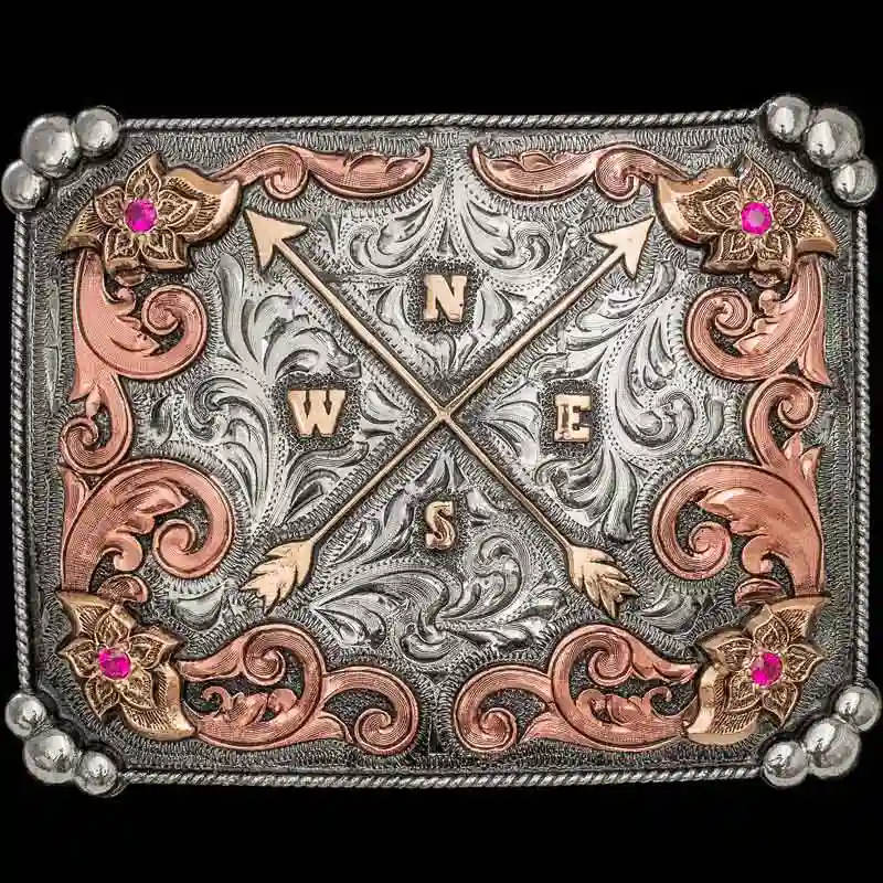 A custom square women's belt buckle featuring a compass rose figure 