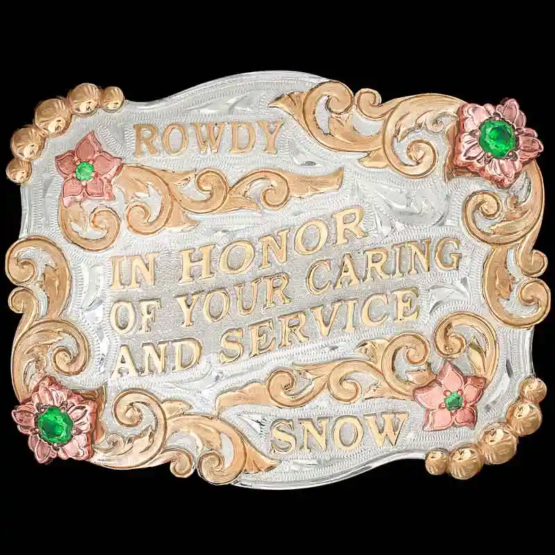 A custom silver plated military belt buckle featuring an honoring quote 