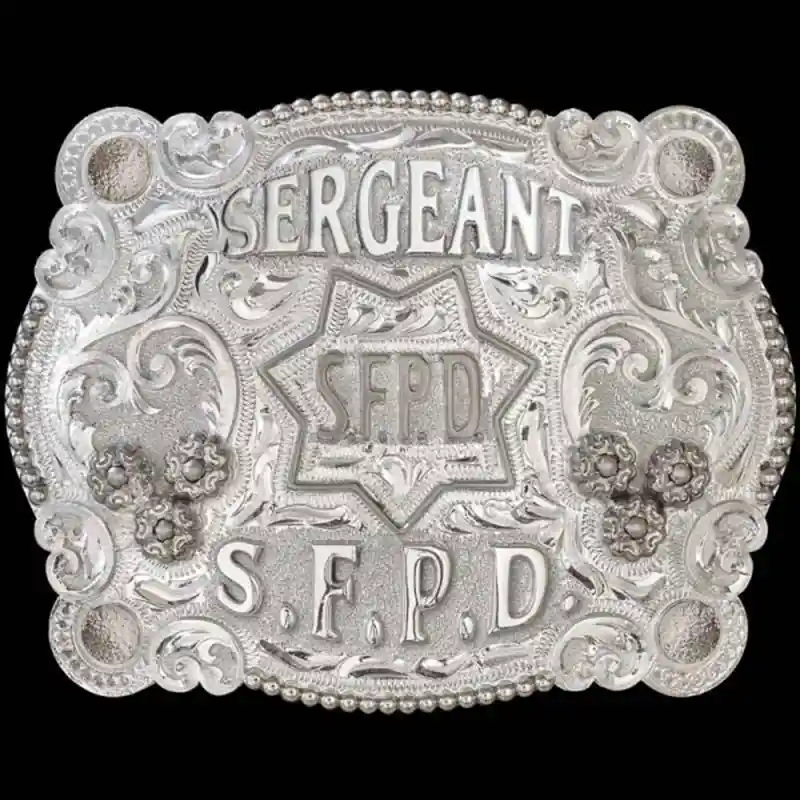 A custom silver police office belt buckle for San Francisco Police Department Sergeant featuring the SFPD logo