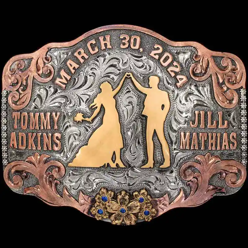 A custom wedding belt buckle featuring personalized names and wedding date 