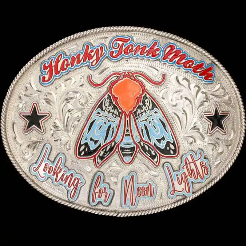 A custom oval silver belt buckle featuring a moth figure 