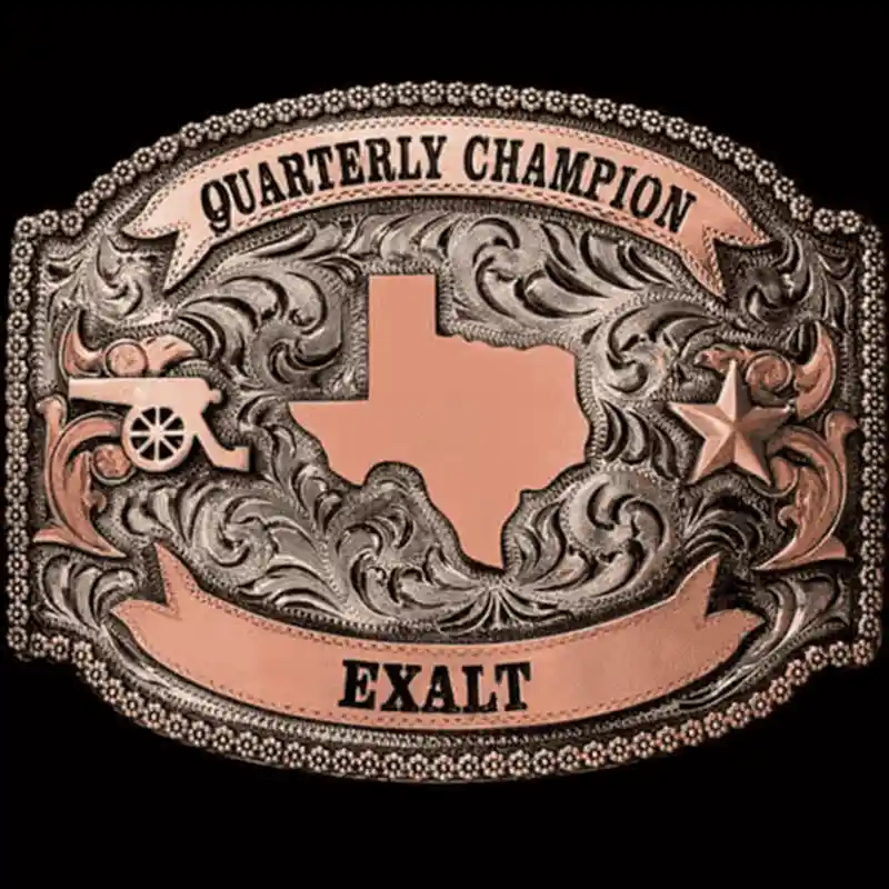 A custom texas belt buckle for men for Quarterly Champion Exalt featuring a texas state figure 