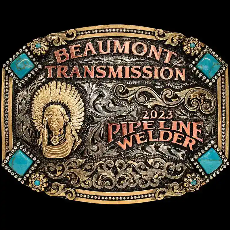 A custom men's belt buckle for Beaumont Transmisission Pipeline Welder featuring a cherokee figure and turquoise stones