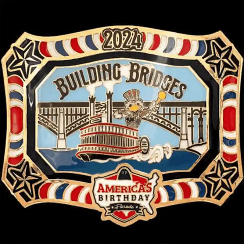 A custom american belt buckle for America's Birthday Parade featuring a custom logo 