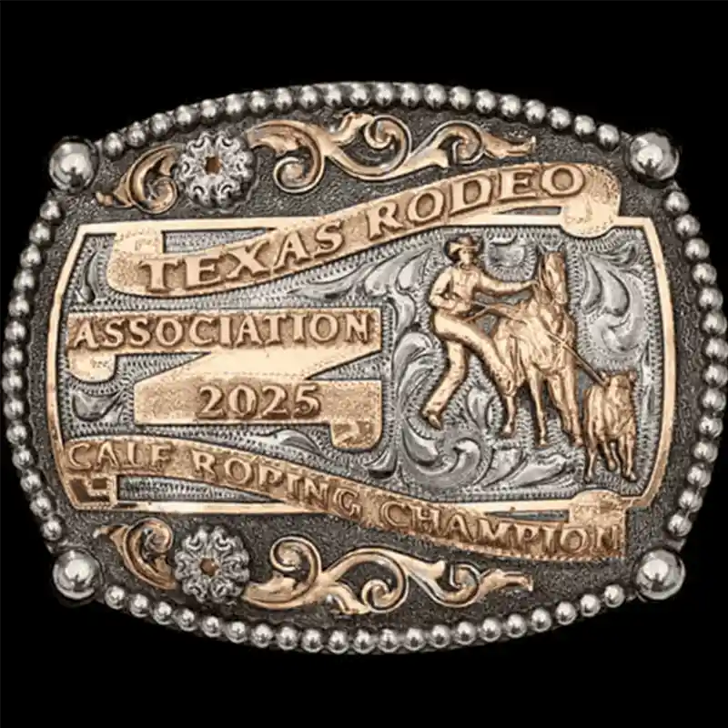A custom men's belt buckle trophy for Texas Rodeo Association Calf Roping Champion 
