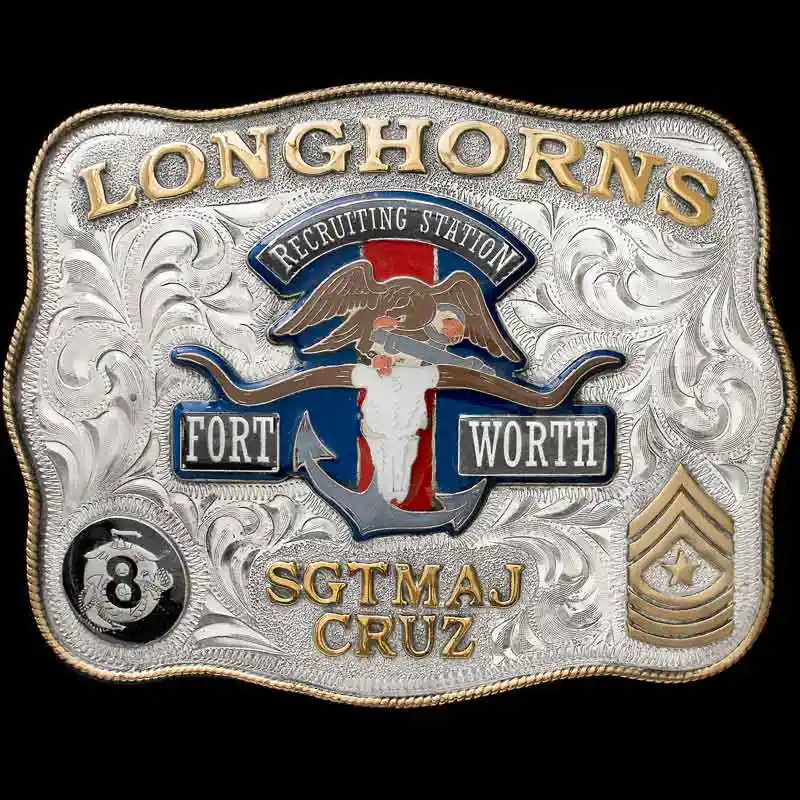 A custom military belt buckle for Longhorns Sergeant Cruz featuring the Fort Worth Recruiting Station custom logo