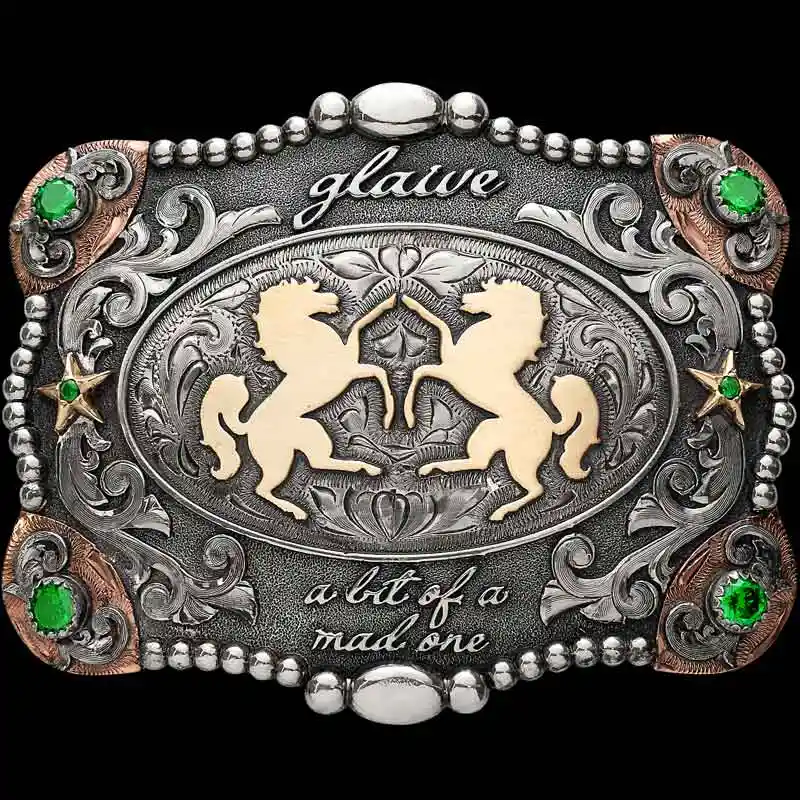 A custom western belt buckle for women featuring two horses figure 