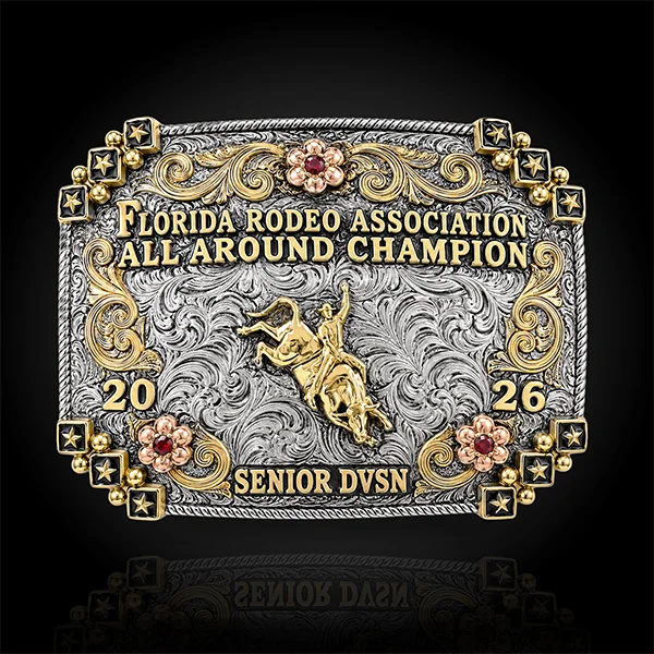 A custom trophy belt buckle for Leavenworth County Fair Reserve Champion featuring a cow, pig, goat and lamb figures 