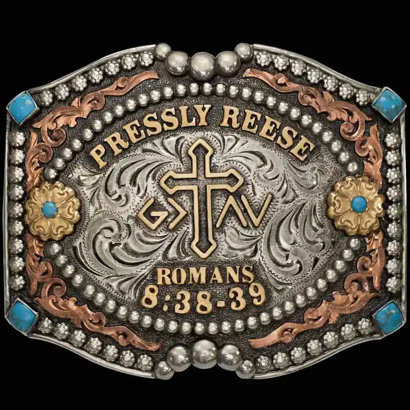 A custom belt buckle for women featuring a GFYR logo and turquoise stones