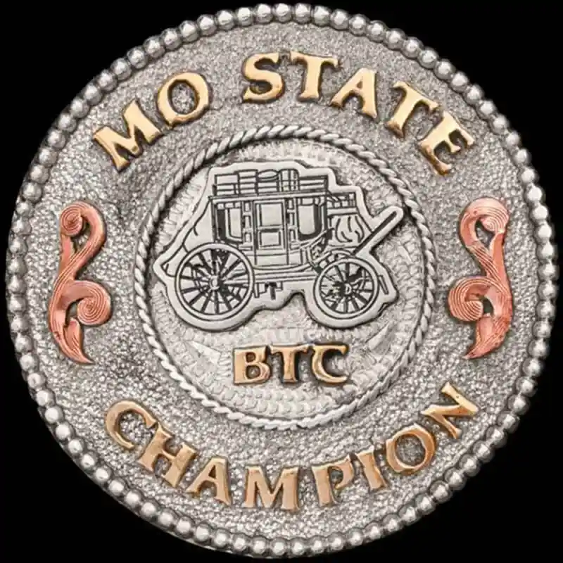 A custom silver concho in matted finish, featuring beads edge and personalized logo and lettering