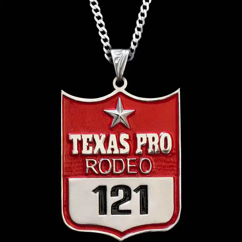 A custom pendant necklace featuring a personalized rodeo backnumber figure, with a sterling silver chain