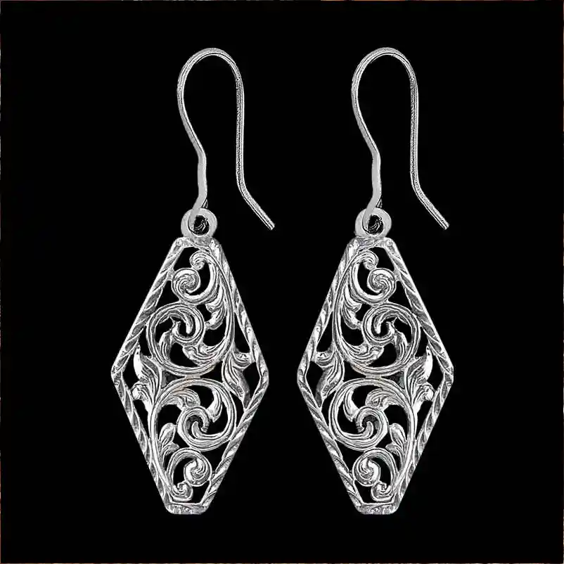 A pair of silver western earrings for women, hexagonal shaped, with filigrane details, antique finish