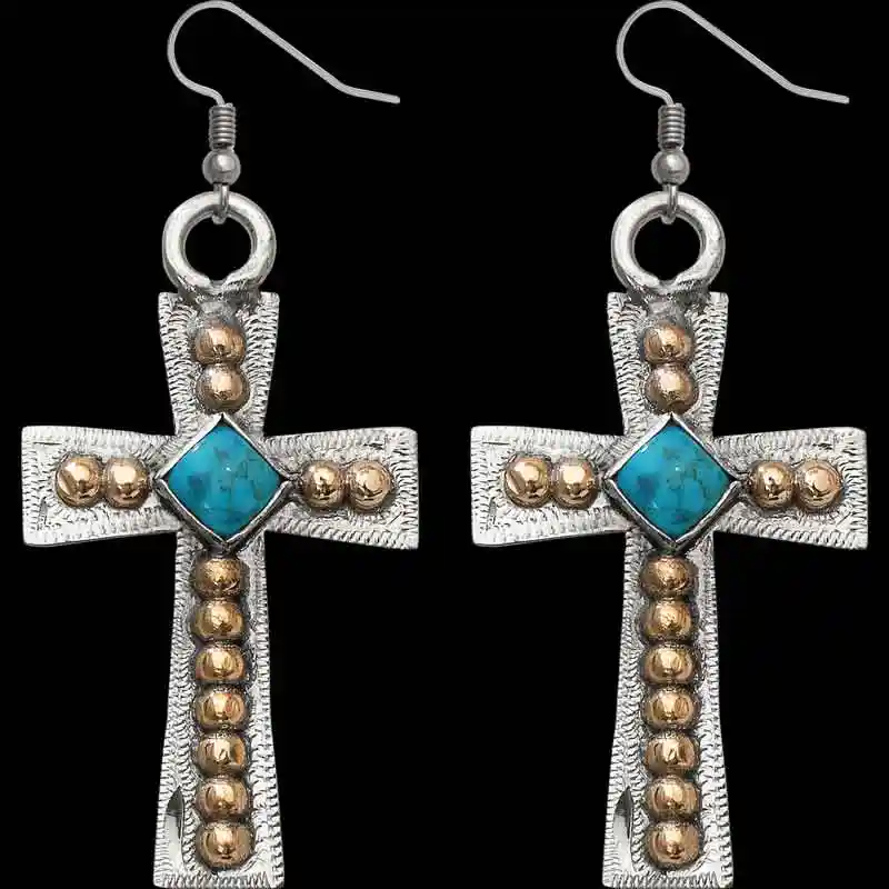 A pair of silver cross western earrings for women featuring bronze beads and turquoise stones 