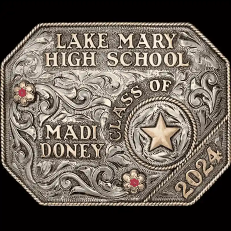 A custom graduation belt buckle for Lake Mary High Shool featuring a gold Texas star figure 
