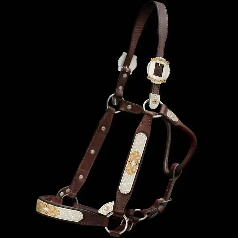 A custom leather horse show halter with sterling  silver base, jeweler's bronze scrollwork and zirconia stones in silver plate finish