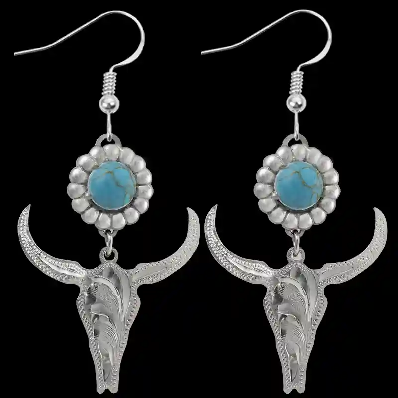 Turn heads with our Silver Bluebell Earrings, crafted from German Silver with a turquoise center, berry-edge detail, and a longhorn drop for true western flair.