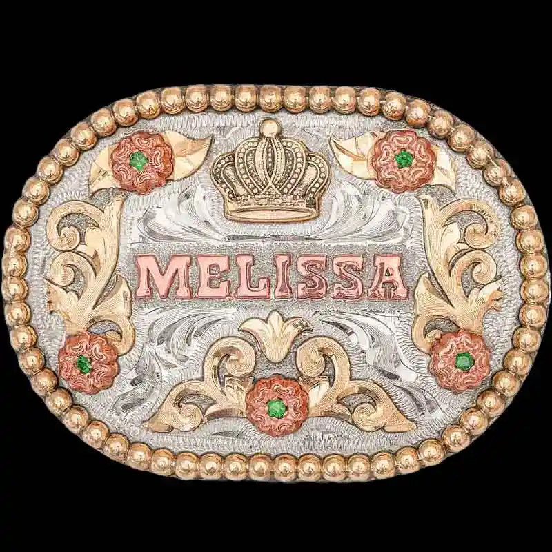 A custom oval women's bel buckle featuring a queen crown figure and a personalized name