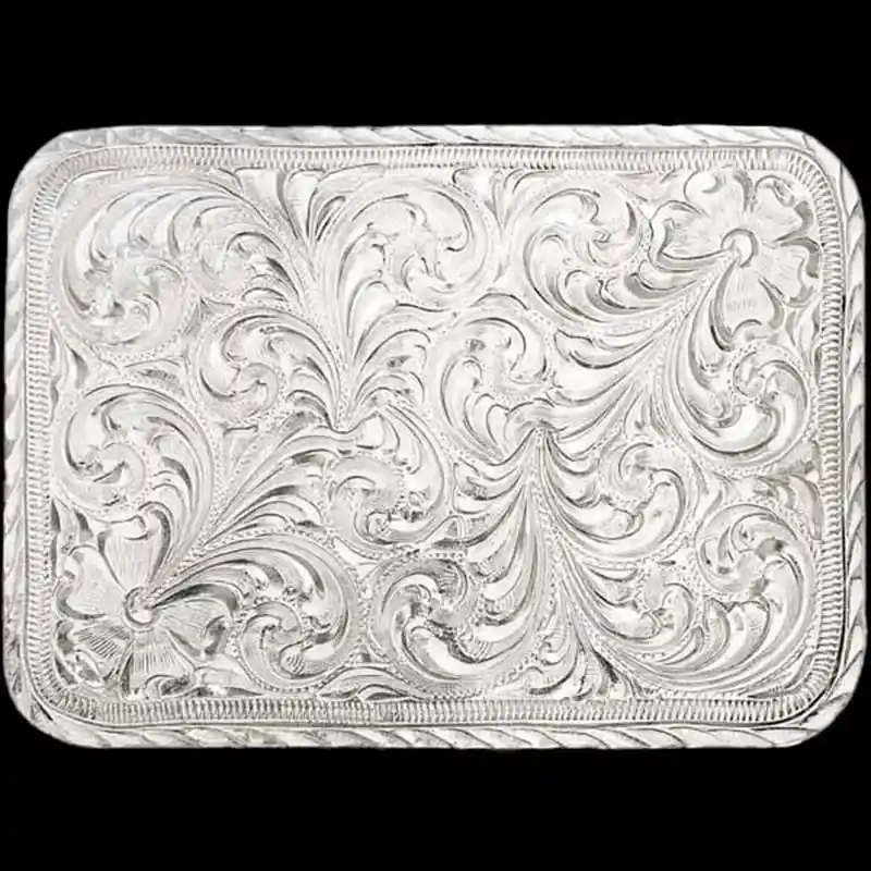 A custom square silver hand engraved belt buckle