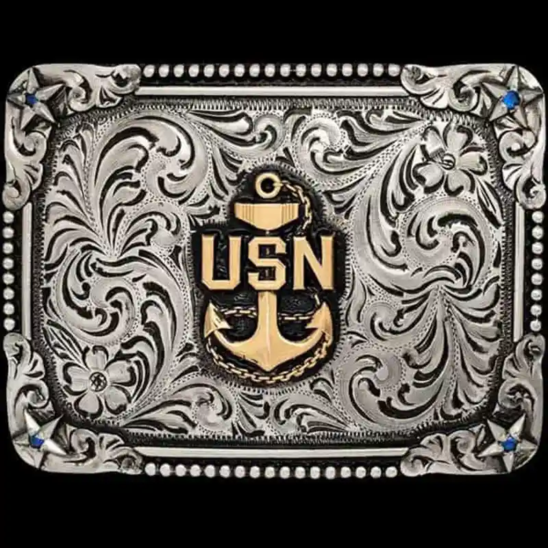 A navy belt buckle featuring the United States Navy emblem