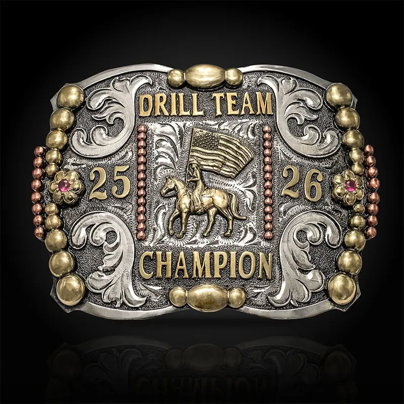 A custom oval ranch belt buckle for Friona Industries featuring its custom logo