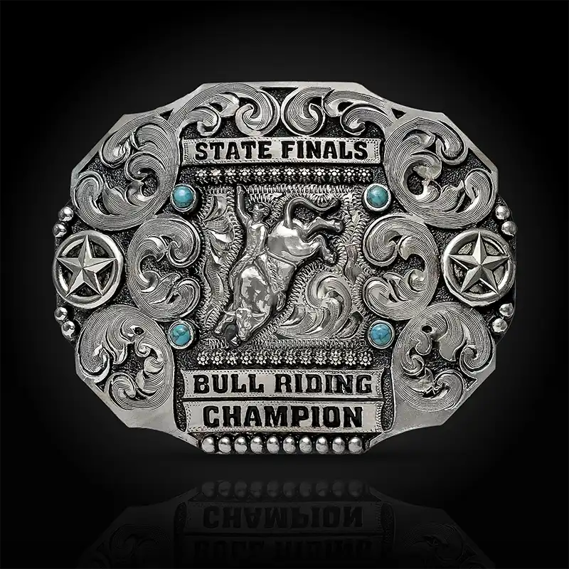 Prairie View custom western belt buckle handcrafted with detailed silver engraving.