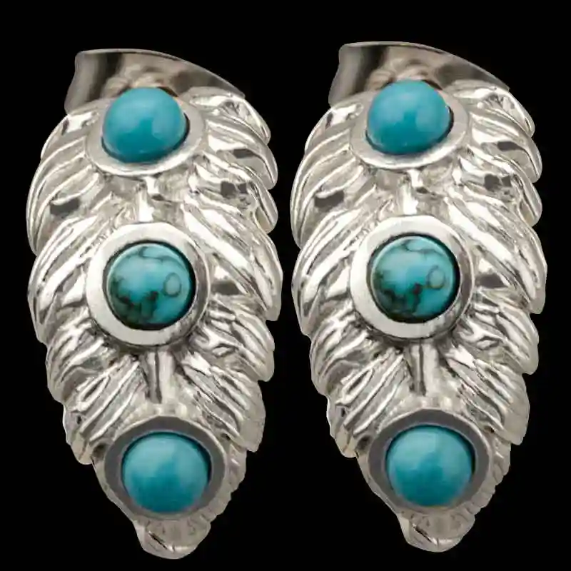 Shop Turquoise Trail Western Hoop Feather Earrings with engraved German Silver and vibrant turquoise stones. In stock, ready to ship next day!