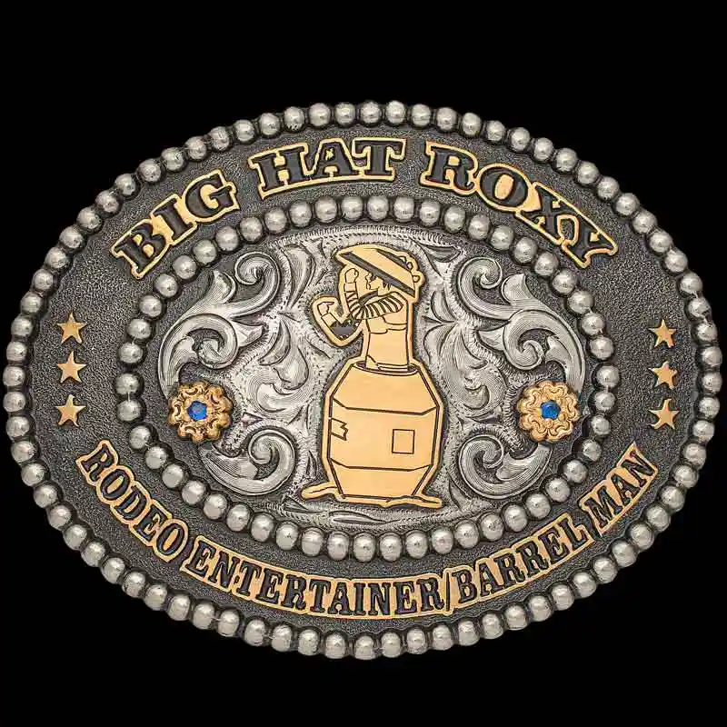 A custom oval rodeo clown belt buckle 